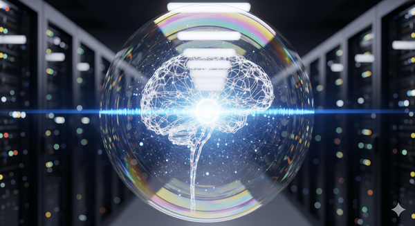A glowing neural network inside a translucent, iridescent bubble, suspended in the center of a futuristic data center.